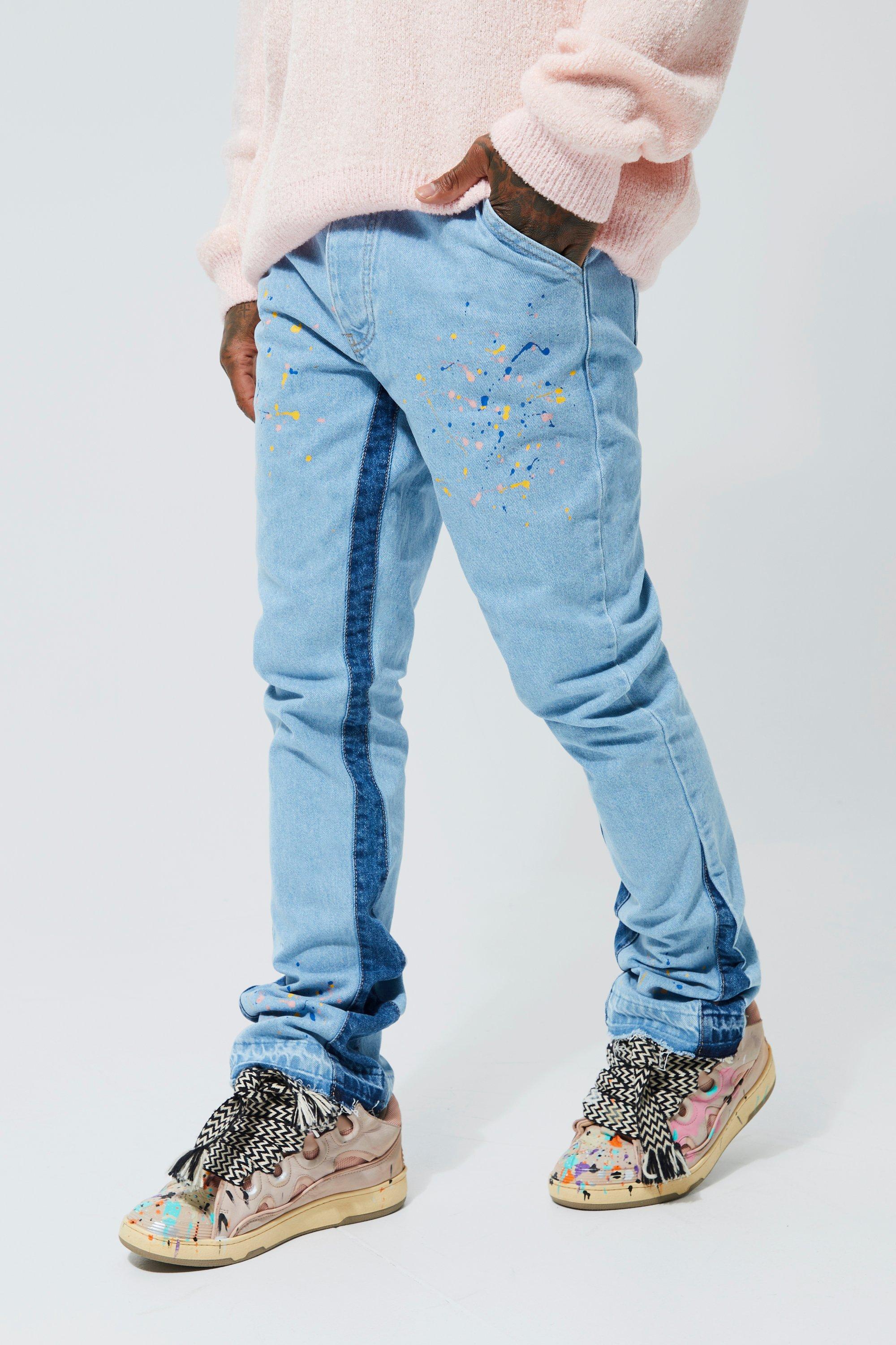 Skinny Flare Panel Paint Splatter Jeans | boohooMAN UK